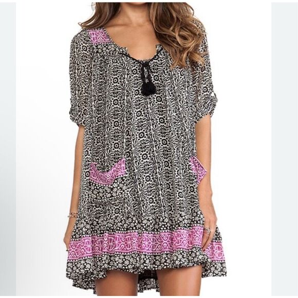 Free People Penny Lane Flowy Dress Womens Medium Black White Purple Chiffon - Picture 1 of 16